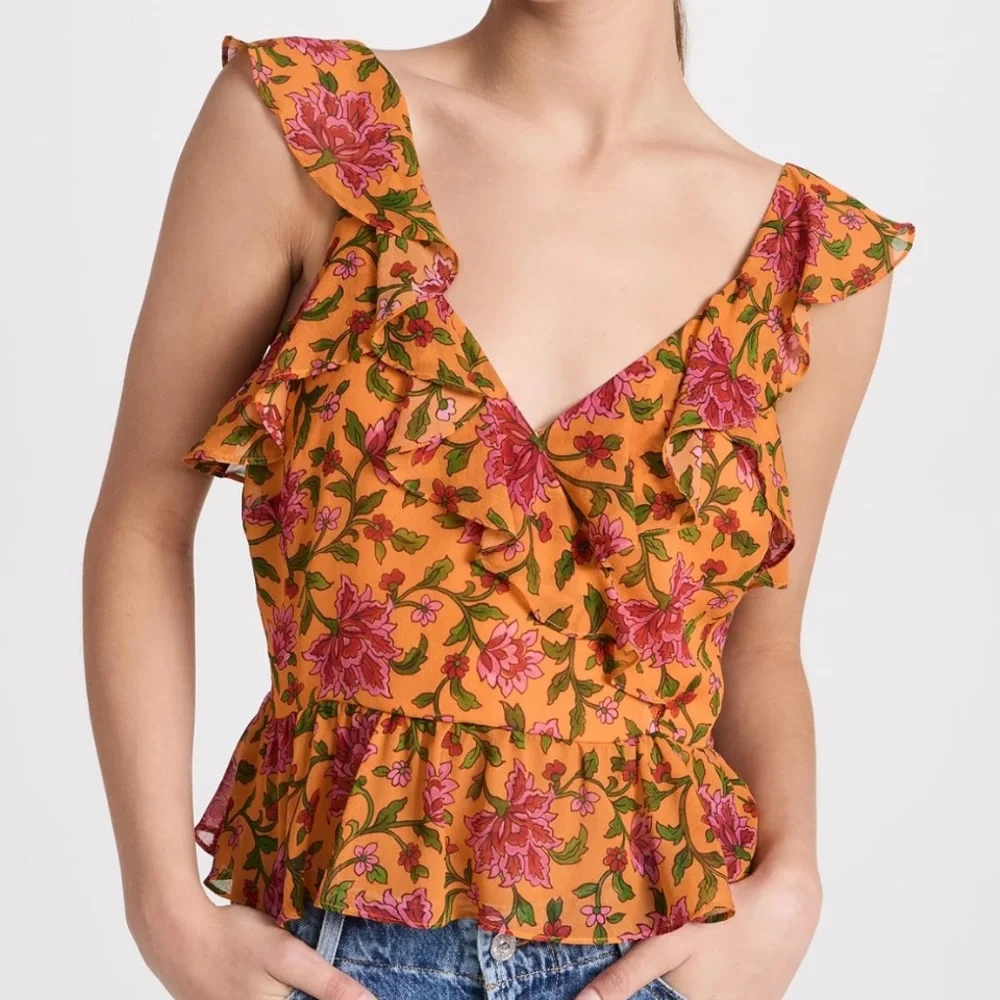 Floral Ruffle V-Neck Top - Yellow and Pink - Picture 6 of 9